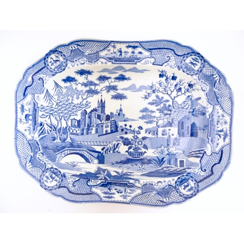 108 - A Spode blue and white meat plate in the Gothic Castle pattern. Approx. 12 1/2