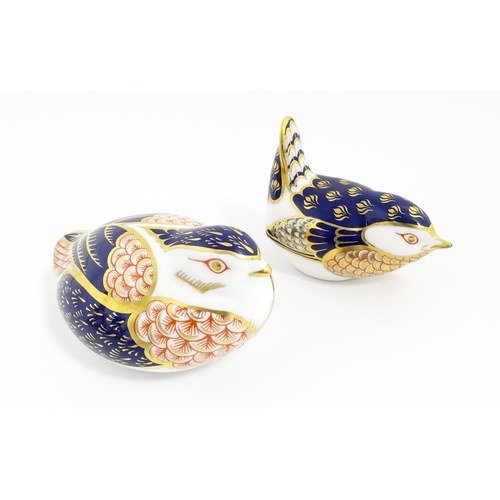 173 - Two Royal Crown Derby paperweights modelled as birds, Quail and Wren. Both with gold stoppers. Large... 