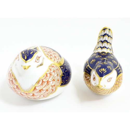 173 - Two Royal Crown Derby paperweights modelled as birds, Quail and Wren. Both with gold stoppers. Large... 