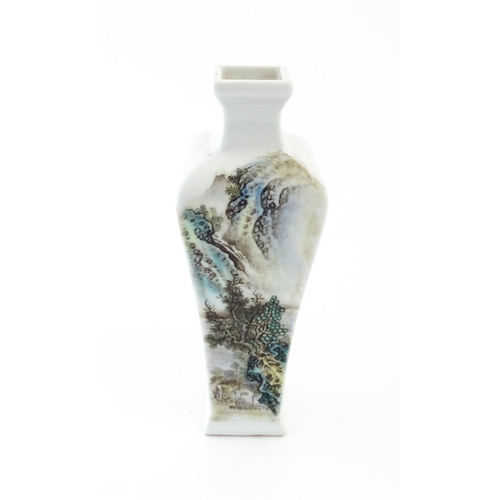 20 - A Chinese vase of squared form with mountain landscape and script decoration. Character marks under.... 