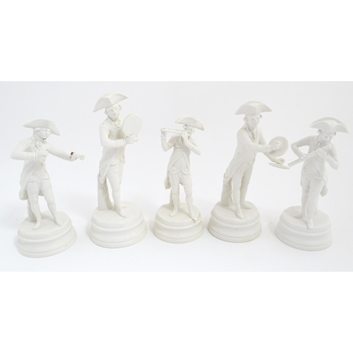 211 - Five Continental parian / bisque figures modelled as military figures wearing tricorn hats playing m... 