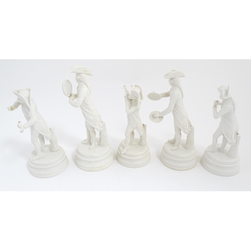 211 - Five Continental parian / bisque figures modelled as military figures wearing tricorn hats playing m... 