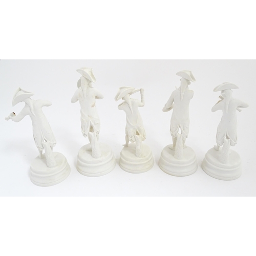 211 - Five Continental parian / bisque figures modelled as military figures wearing tricorn hats playing m... 