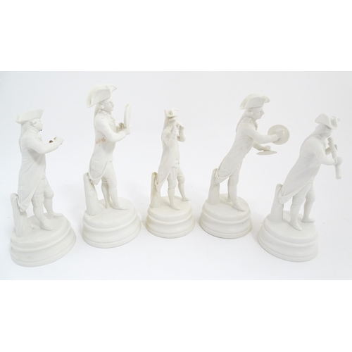 211 - Five Continental parian / bisque figures modelled as military figures wearing tricorn hats playing m... 