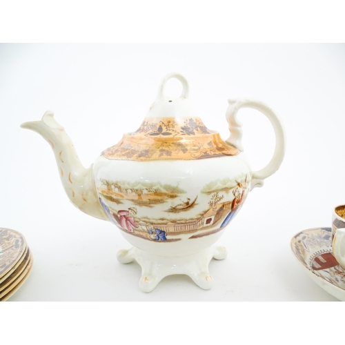 257 - A quantity of tea wares with chinoiserie decoration to include teapot, cups, saucers and plates. Tog... 