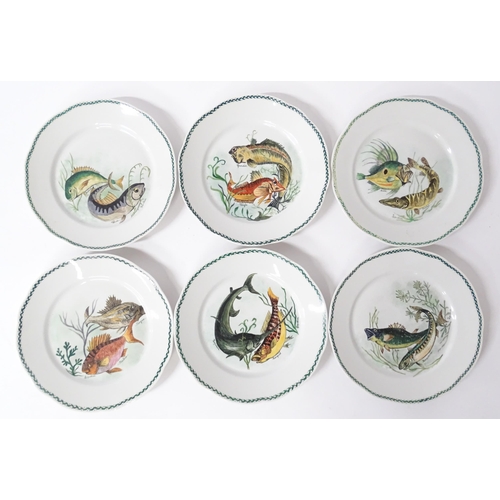 261 - Six French plates with hand painted fish decoration to include Sea Bream, Gurnard, Pike, Swordfish, ... 