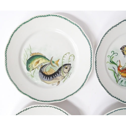 261 - Six French plates with hand painted fish decoration to include Sea Bream, Gurnard, Pike, Swordfish, ... 