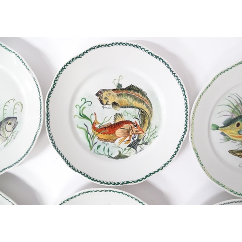 261 - Six French plates with hand painted fish decoration to include Sea Bream, Gurnard, Pike, Swordfish, ... 