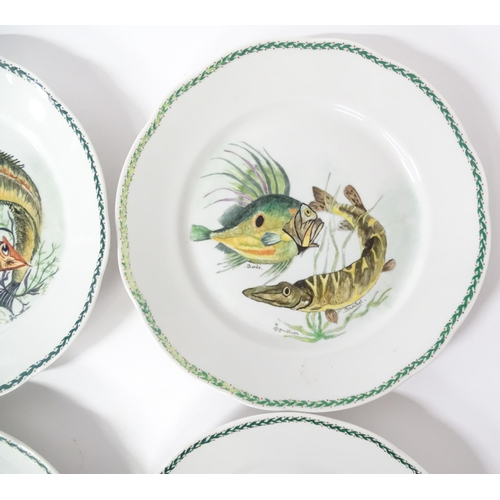 261 - Six French plates with hand painted fish decoration to include Sea Bream, Gurnard, Pike, Swordfish, ... 