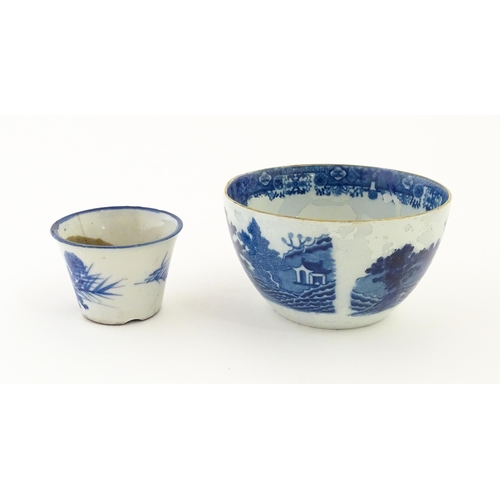 46 - A blue and white bowl decorated with Chinese landscape with pagoda style buildings. Together with a ... 