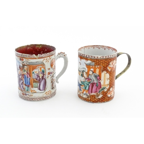 48 - Two Chinese export famille rose tankards / mugs with figural decoration and floral borders. Approx. ... 