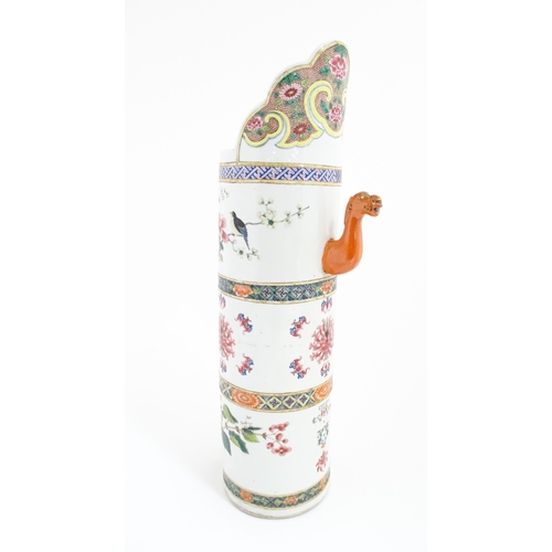 59 - A tall Chinese famille rose Tibetan style ewer with zoomorphic spout, and hand painted bird, flower ... 