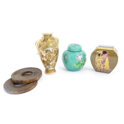 67 - A quantity of assorted items to include a Japanese satsuma vase with twin zoomorphic handles decorat... 