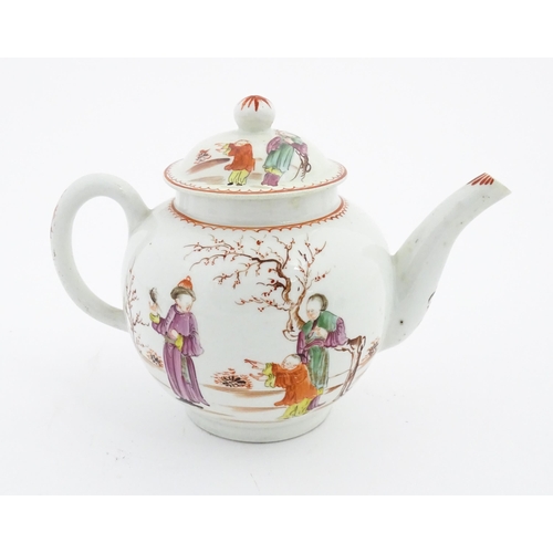 81 - A Lowestoft teapot and cover decorated in the Mandarin pattern with figures in a landscape, one man ... 