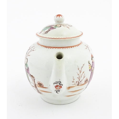 81 - A Lowestoft teapot and cover decorated in the Mandarin pattern with figures in a landscape, one man ... 