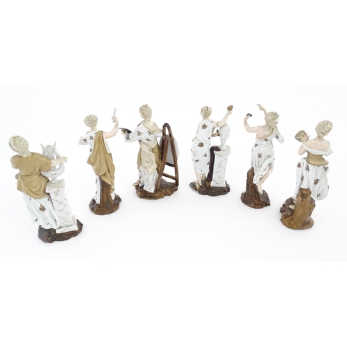 89 - A set of six porcelain figures of Muses personifying the Arts, each holding various attributes, to i... 
