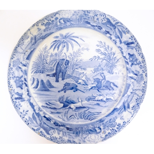 97 - An Edward Challinor blue and white plate in the Death of the Bear pattern from the Oriental Sports s... 
