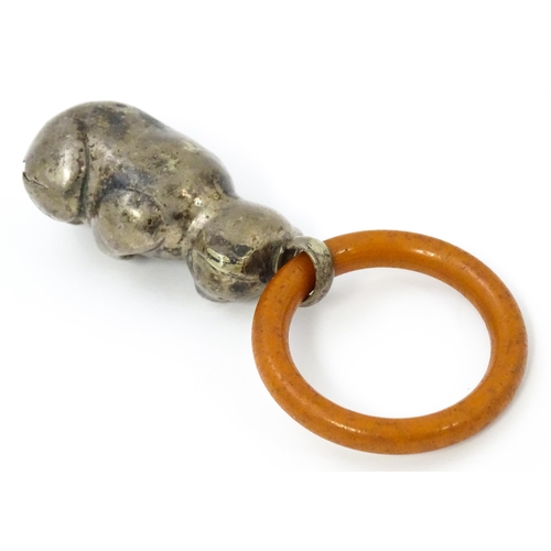 602 - A silver plate child's rattle of teddy bear form with teething ring. Bear approx. 2 1/2