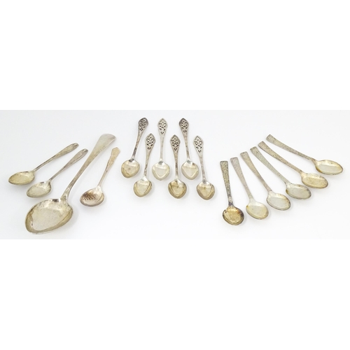 621 - Assorted silver and silver plate spoons to include a silver tablespoon hallmarked Sheffield 1932, ma... 