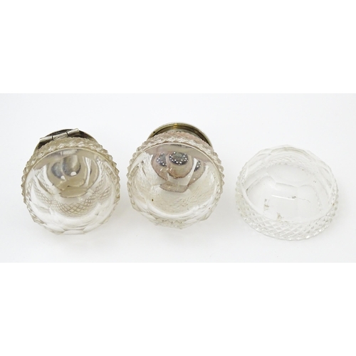 672 - A silver and cut glass three piece cruet set comprising salt, pepper and mustard, hallmarked Birming... 