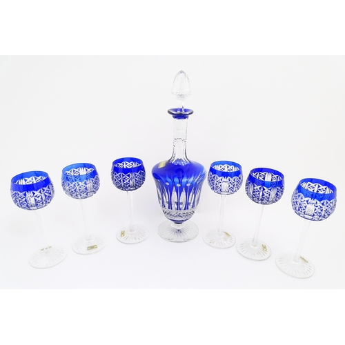 267 - Saint Louis Crystal : Six blue / clear cut crystal hock glasses together with an associated blue / c... 