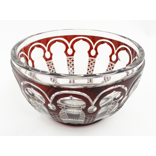 283 - Assorted glassware to include bohemian cut glass bowls with ruby coloured detail, a glass plate with... 