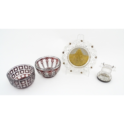 283 - Assorted glassware to include bohemian cut glass bowls with ruby coloured detail, a glass plate with... 