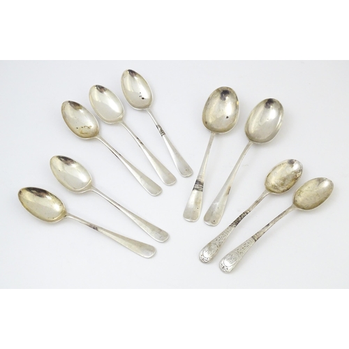 639 - A quantity of assorted silver teaspoons comprising five silver teaspoons with rats tail detail to bo... 