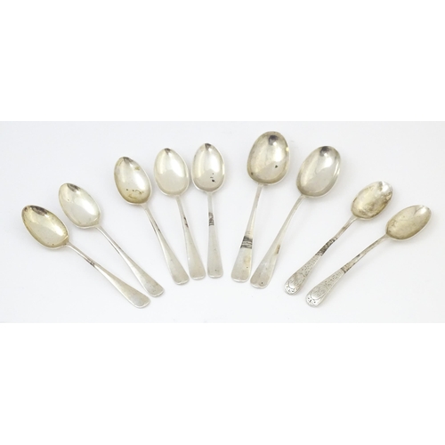 639 - A quantity of assorted silver teaspoons comprising five silver teaspoons with rats tail detail to bo... 