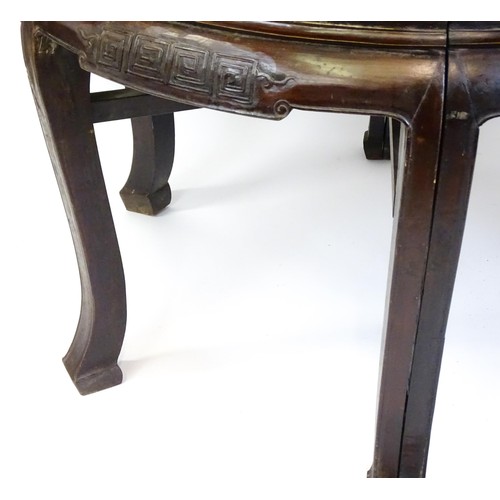 1823 - A 19thC Chinese table / pair of demi lune tables with carved friezes and raised on large cabriole le... 