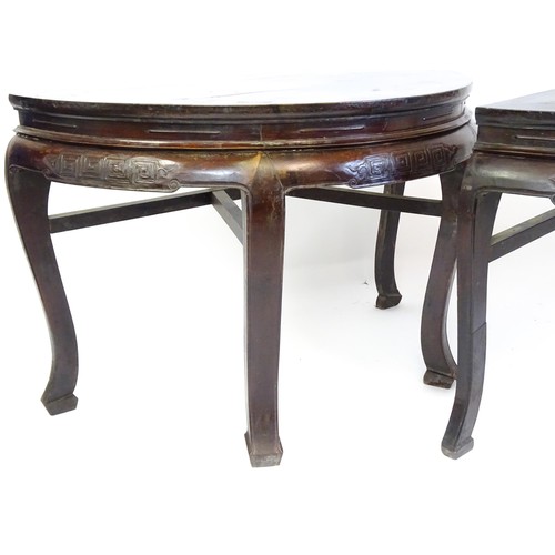 1823 - A 19thC Chinese table / pair of demi lune tables with carved friezes and raised on large cabriole le... 