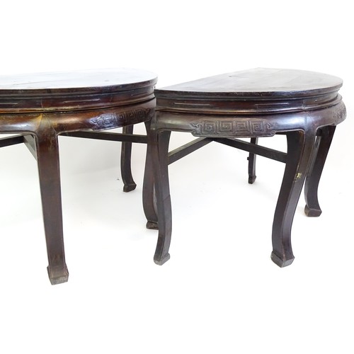 1823 - A 19thC Chinese table / pair of demi lune tables with carved friezes and raised on large cabriole le... 