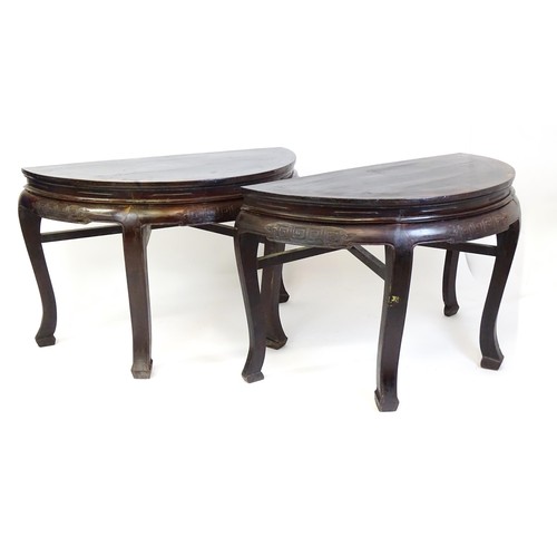 1823 - A 19thC Chinese table / pair of demi lune tables with carved friezes and raised on large cabriole le... 