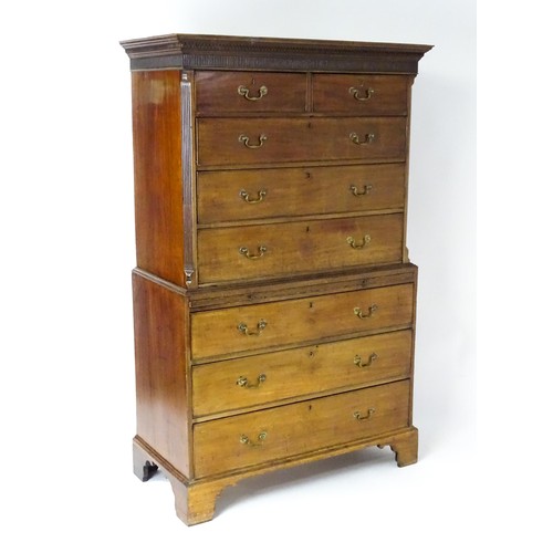 1824 - A late 18thC mahogany chest on chest with Greek Key moulded frieze, two short drawers over six gradu... 