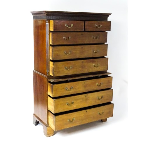 1824 - A late 18thC mahogany chest on chest with Greek Key moulded frieze, two short drawers over six gradu... 