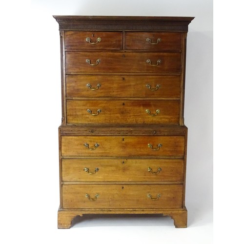 1824 - A late 18thC mahogany chest on chest with Greek Key moulded frieze, two short drawers over six gradu... 