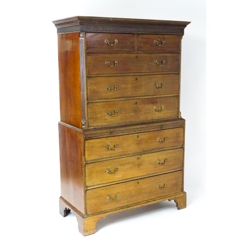 1824 - A late 18thC mahogany chest on chest with Greek Key moulded frieze, two short drawers over six gradu... 