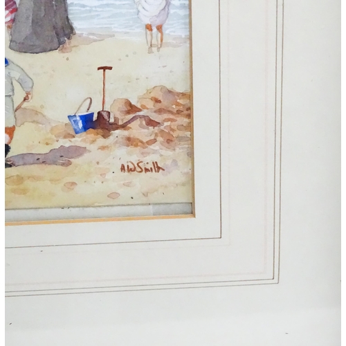 2009 - Albert W. Smith, 20th century, Watercolour, An Edwardian beach scene with children and an ice cream ... 