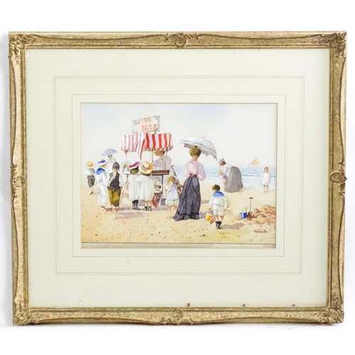 2009 - Albert W. Smith, 20th century, Watercolour, An Edwardian beach scene with children and an ice cream ... 