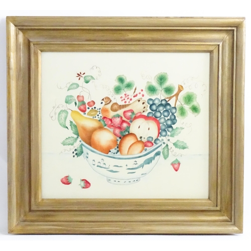 2013 - 20th century, Watercolour on cloth, A naive / folk art theorem style study of fruit and a turtle dov... 