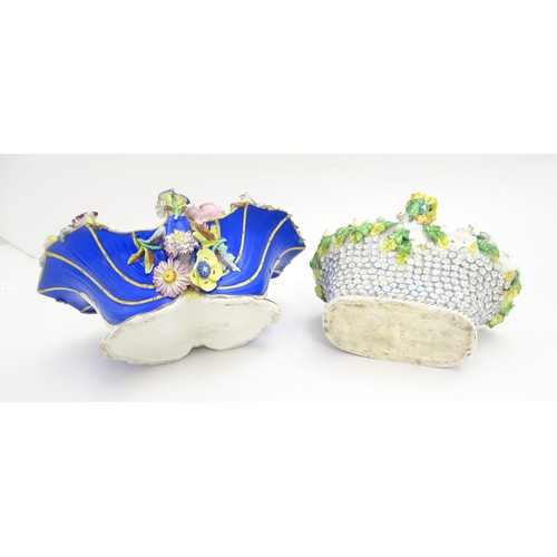 244 - Four Continental ceramic baskets with encrusted flower decoration, hand painted floral sprays and gi... 