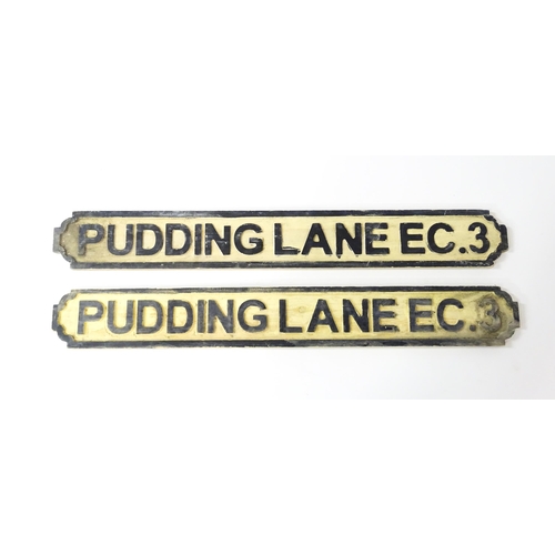 1412 - Two late 20thC carved wooden street / road signs for Pudding Lane EC. 3 (London), with painted detai... 