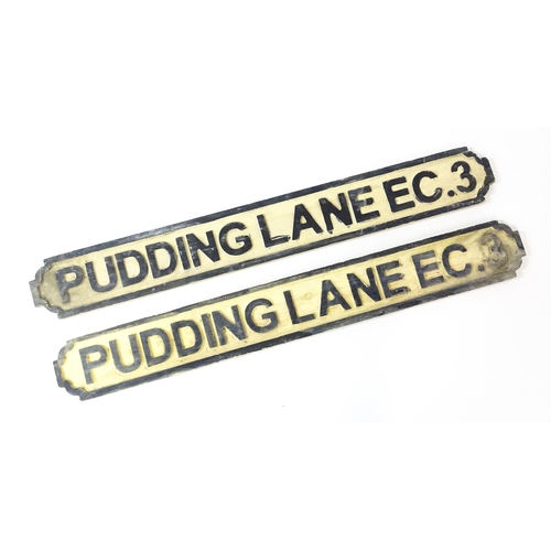 1412 - Two late 20thC carved wooden street / road signs for Pudding Lane EC. 3 (London), with painted detai... 