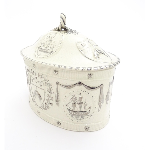 76A - A Leeds Pottery creamware caddy and cover decorated with emblems of the Merchants of the Staple who ... 