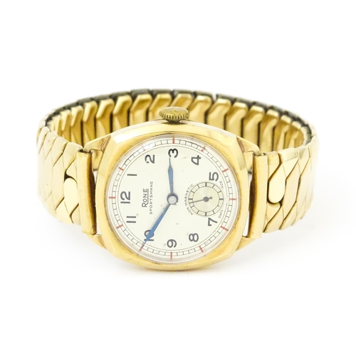 1043 - A 9ct gold cased Rone wristwatch the dial signed Rone Sportsmans with subsidiary seconds dial and Ar... 