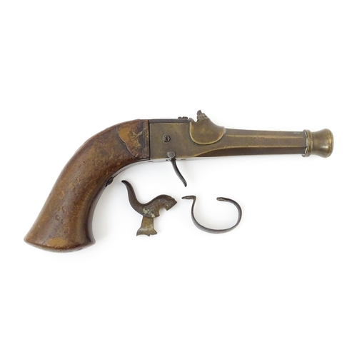 1497 - Militaria : a 19thC Belgian percussion pistol, the single-piece brass action and octagonal 'cannon' ... 