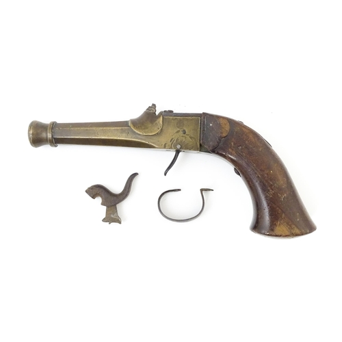 1497 - Militaria : a 19thC Belgian percussion pistol, the single-piece brass action and octagonal 'cannon' ... 