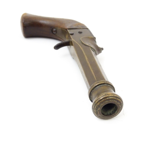 1497 - Militaria : a 19thC Belgian percussion pistol, the single-piece brass action and octagonal 'cannon' ... 