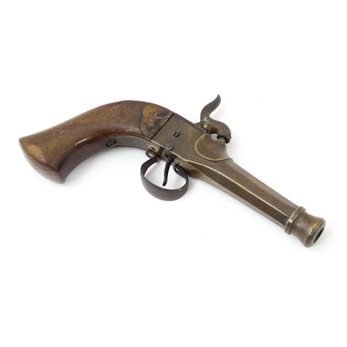 1497 - Militaria : a 19thC Belgian percussion pistol, the single-piece brass action and octagonal 'cannon' ... 