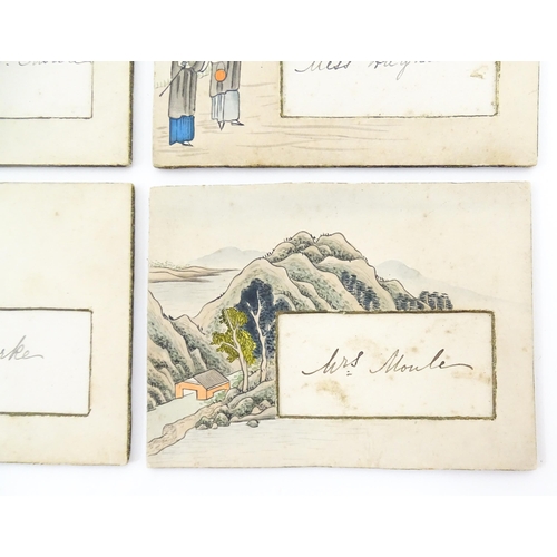 1543 - Four Chinese place cards decorated with watercolour scenes to include an interior scene with a woman... 